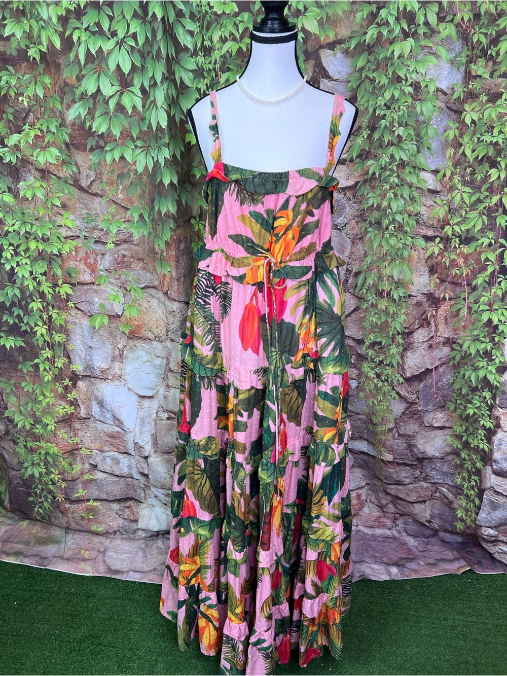 FARM RIO Pink Cocoa Forest Botanical Resortwear Tiered Maxi Dress, L - Picture 10 of 13